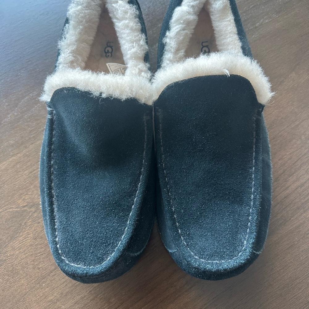 Never worn Men’s UGG Navy Suede Slippers with Cream Shearling